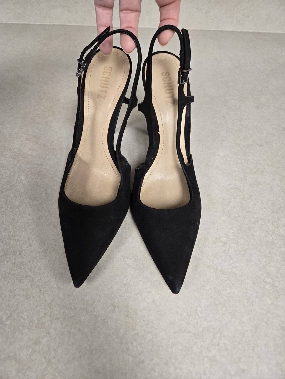 SCHUTZ Black Suede Pointed Slingback Heels